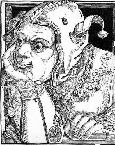 A fool facing left; bust-length figure, resting his chin on his right hand; wearing a chain with a large medallion; a fly on his fool's cap. 1568