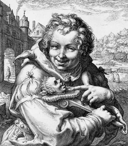 A jester leaning on a ledge, half-length, leering and pointing to his fool's staff